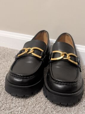 Steve Madden Black Leather Loafers with Gold Chain Detail